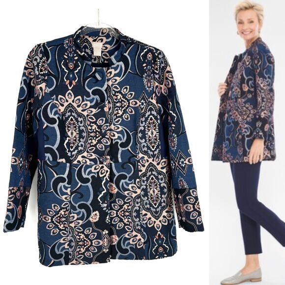 Chico’s Jacquard Jacket Size Small Metallic Thread Embroidered Gold Brocade - Picture 1 of 16